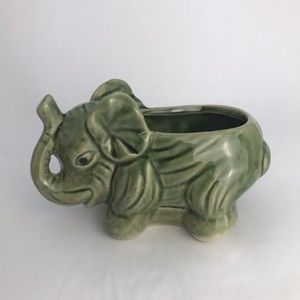 Elephant Planter Ceramic Green Good Luck Trunk Up Vintage  3.5 X 5.5"